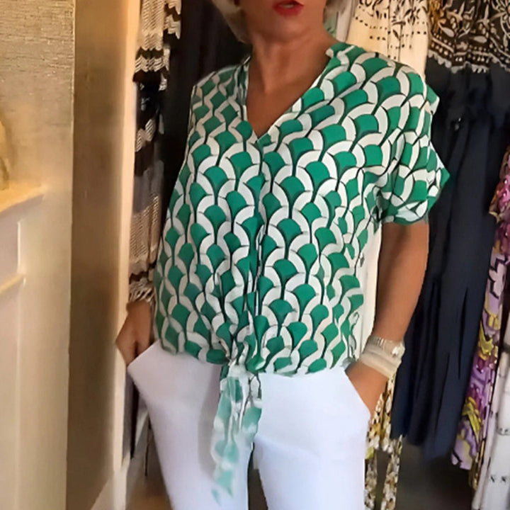Women’s short-sleeved geometric blouse shirt with knot waistband and stand-up collar StylebySassy