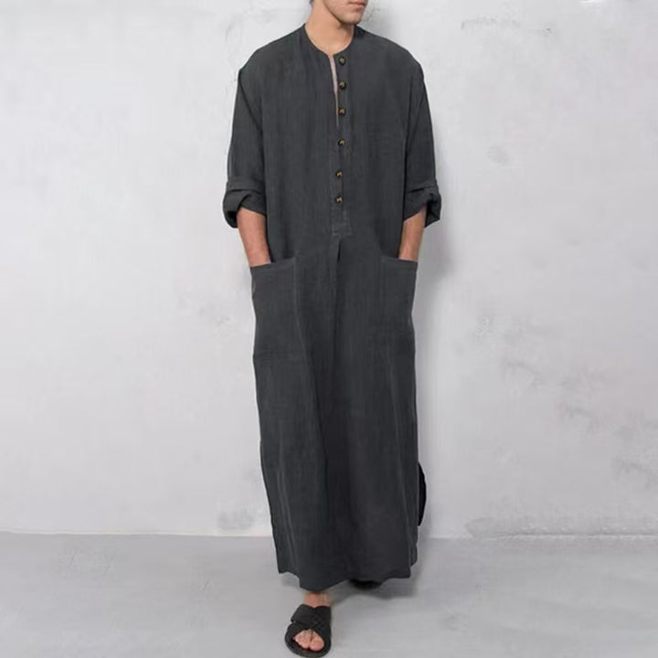 Men's wide long tunic-kaftan made of breathable linen with stand-up collar, button placket, and patch pockets StylebySassy