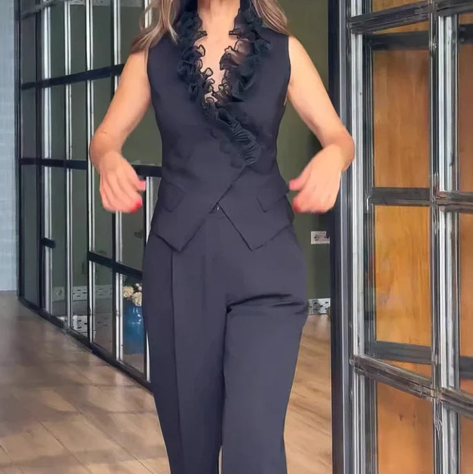 Women's sleeveless vest set with ruffled lace collar and high-cut pleated trousers in suit style StylebySassy