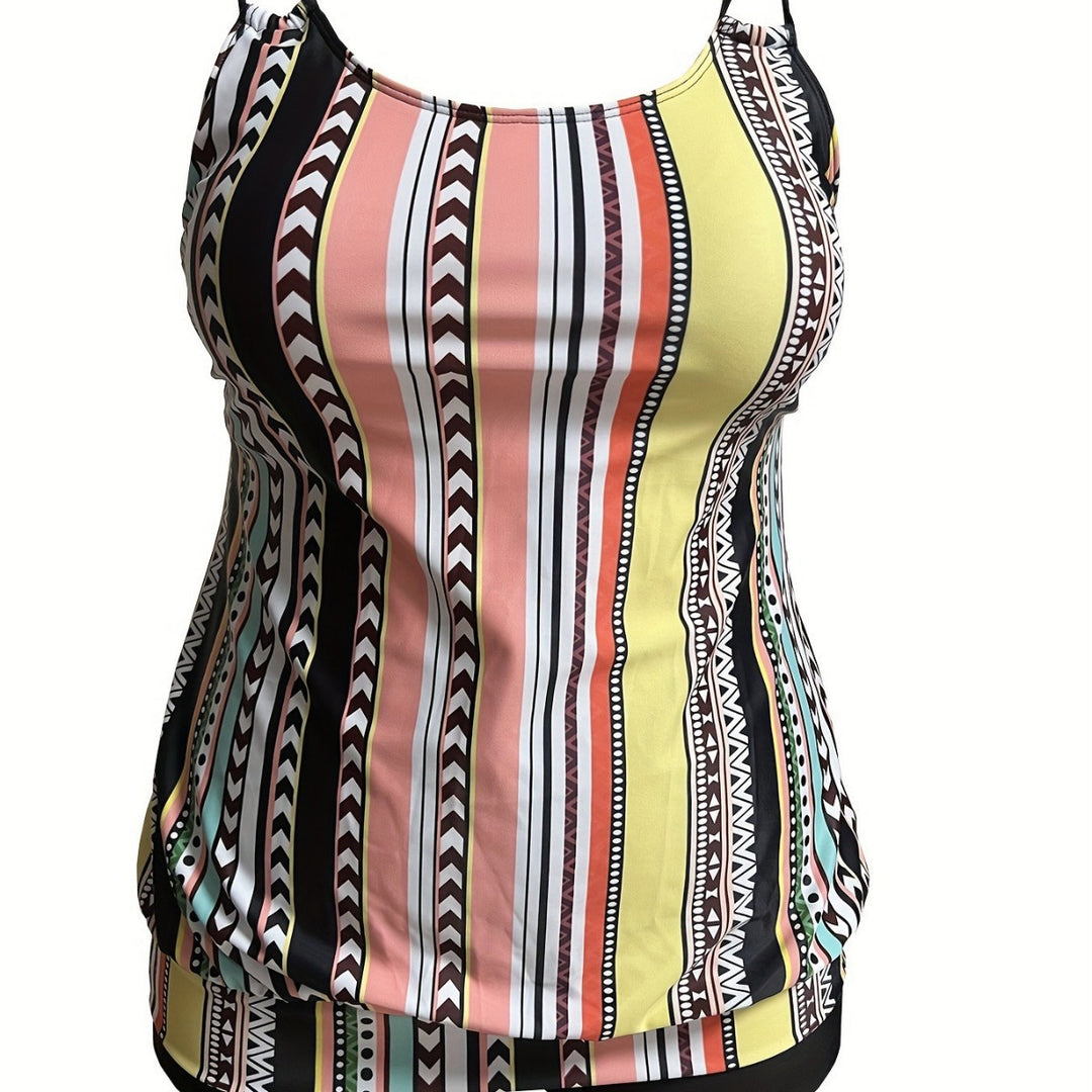 Women's tankini set with playful pattern mix and practical shorts StylebySassy