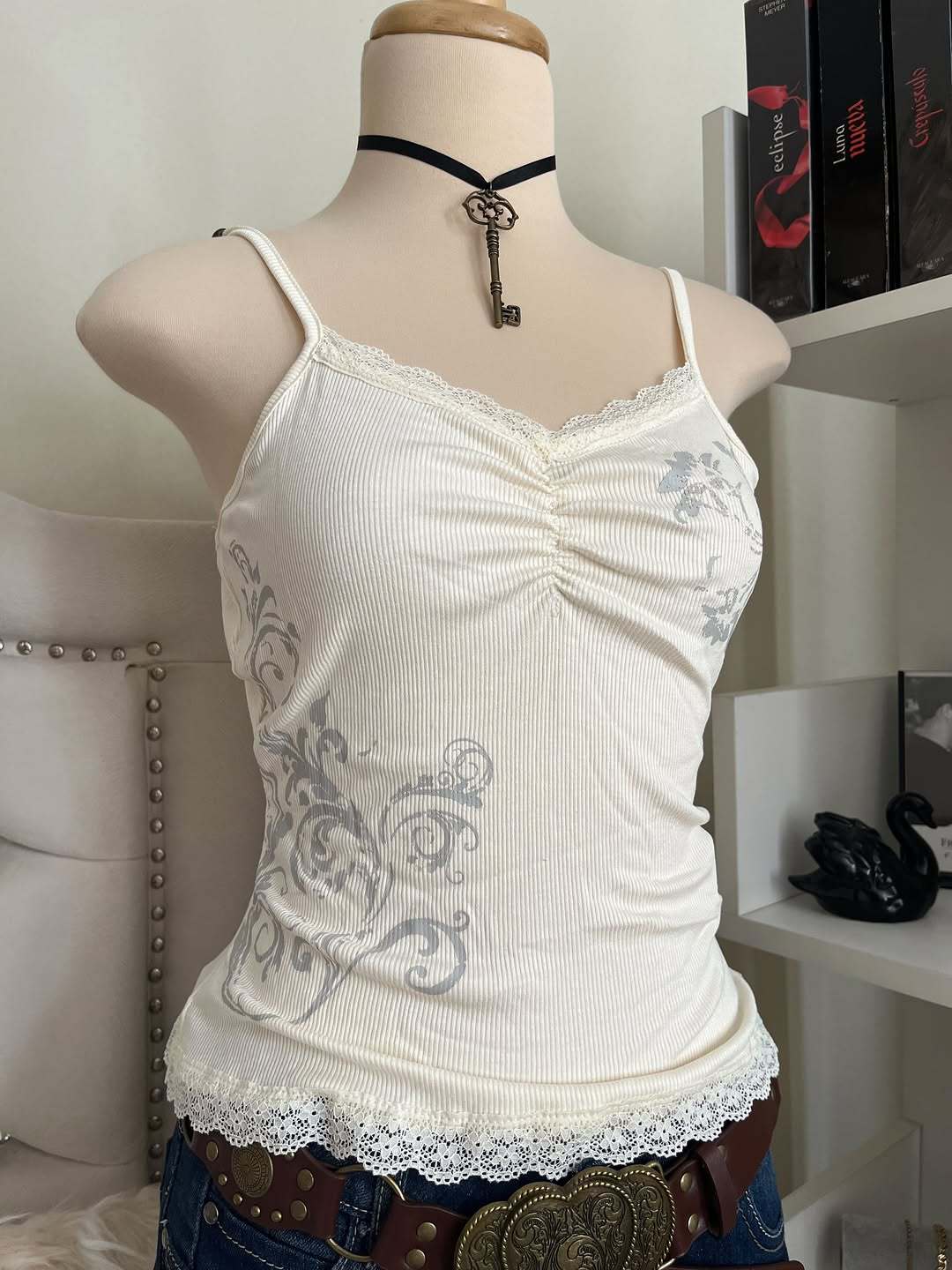 Women Playful Spaghetti Strap Top with Lace Details StylebySassy