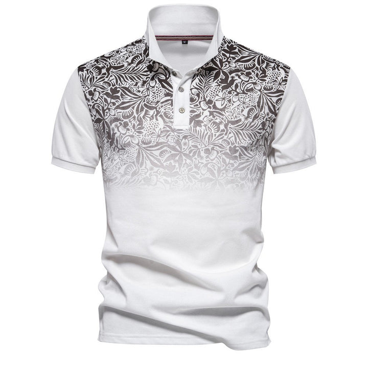 Men's polo shirt with floral gradient pattern, Kent collar and subtle button placket StylebySassy