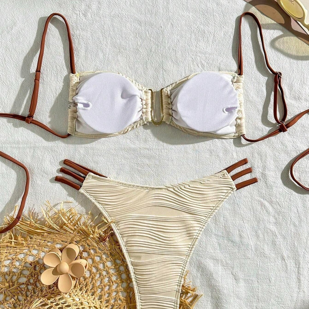Women's triangle bikini with elegant gathering design and trendy strap details StylebySassy