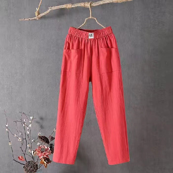 Women's straight-cut linen-look pants with elastic waistband and patch front pockets StylebySassy
