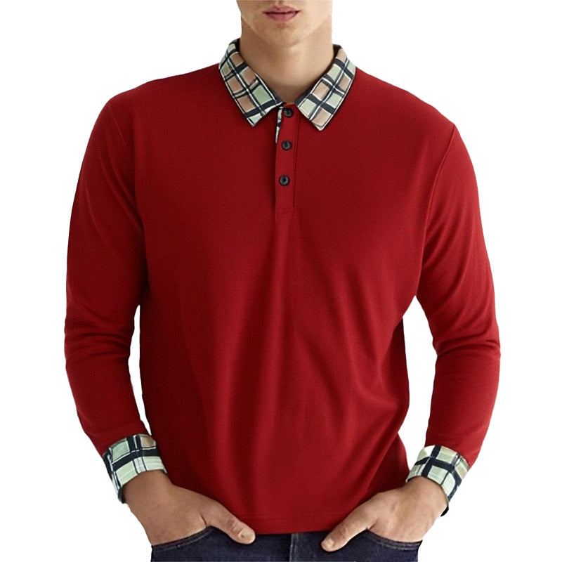 Men's figure-hugging long-sleeve polo shirt with checked collar and cuff trim StylebySassy
