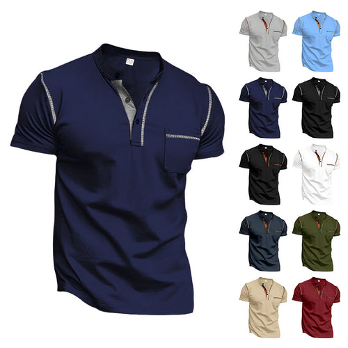 Men's modern short-sleeve Henley with stand collar, contrast stitching, and patch chest pocket StylebySassy