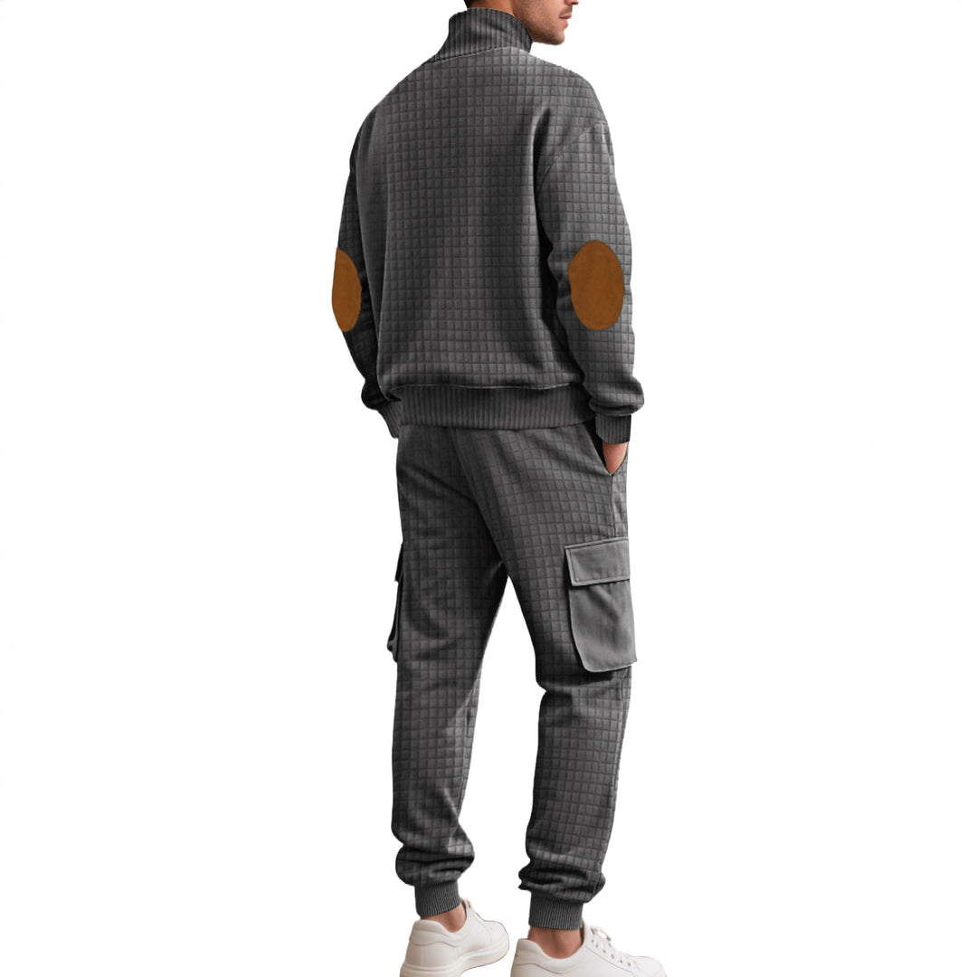Men's check relief sweat set with stand collar button placket, velour elbow patches and cargo jogger StylebySassy