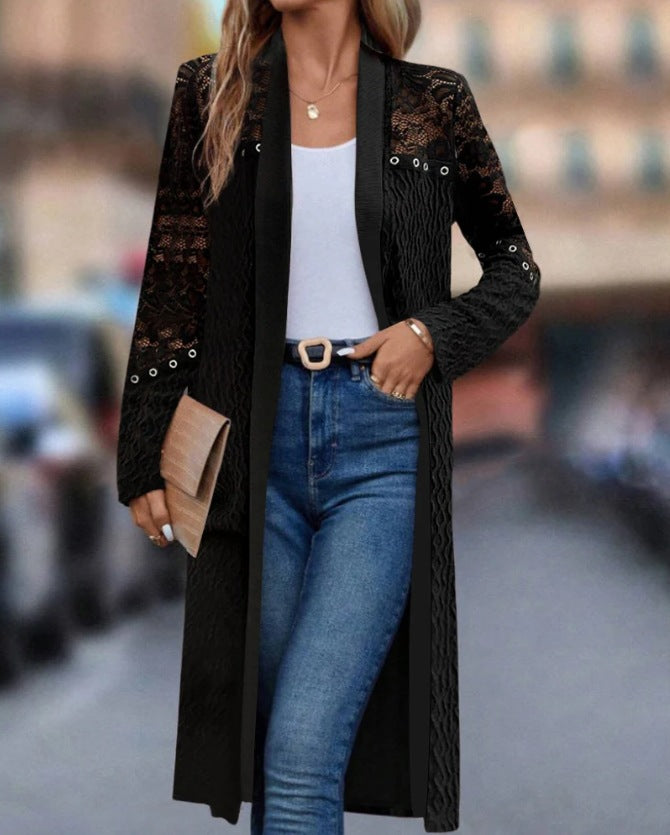 Women's longer lace cardigan with eyelet trim, transparent sleeves, and structured knit look StylebySassy