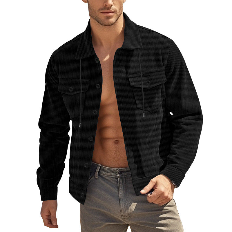 Men's casual fine ribbed cord jacket with stand-up collar, chest pockets and elastic hem StylebySassy