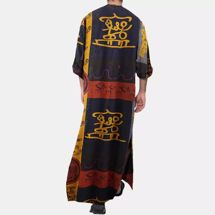 Ladies' Ethno-Maxi dress with stand-up collar, short button placket, dropped sleeves, and A-line cut StylebySassy