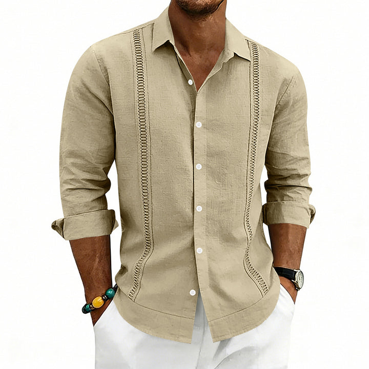 Men's casual linen blend shirt with vertical decorative stripes, Kent collar and relaxed fit StylebySassy
