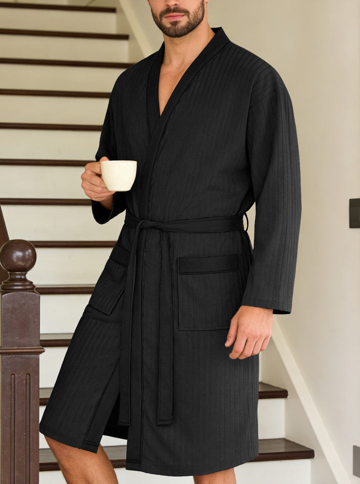 Men's lightweight cotton kimono bathrobe with waffle texture and patch pockets StylebySassy