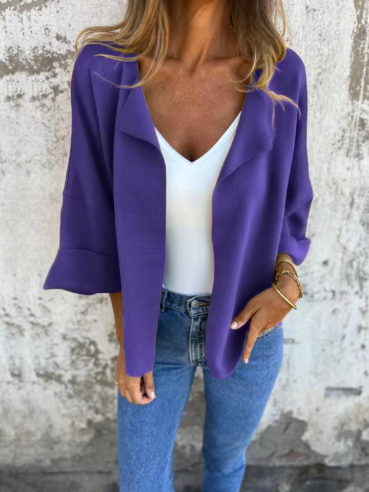 Women's light open knit cardigan with shawl collar, roll-up sleeves and boxy silhouette StylebySassy