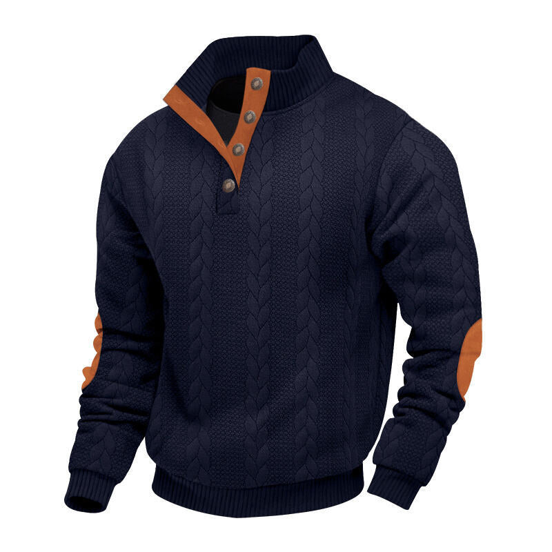 Men's chunky cable knit Troyer with button placket and suede elbow patches StylebySassy
