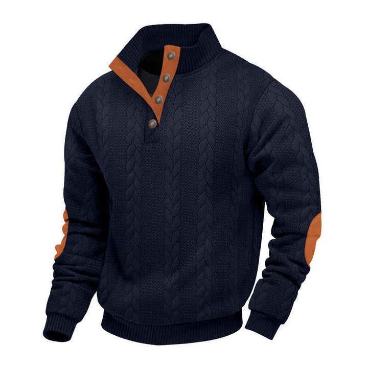 Men's chunky cable knit Troyer with button placket and suede elbow patches StylebySassy