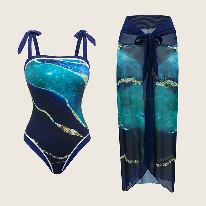 Women's one-piece swimsuit with sheer wrap skirt StylebySassy