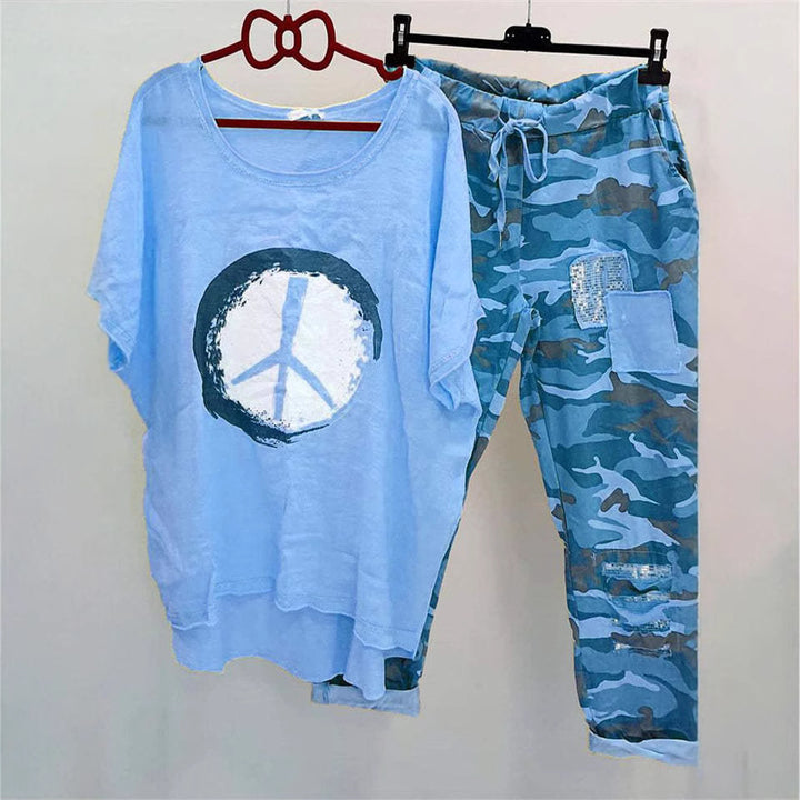 Women’s casual leisure two-piece with wide-cut linen look shirt, peace symbol and camouflage jog pants with patch details StylebySassy