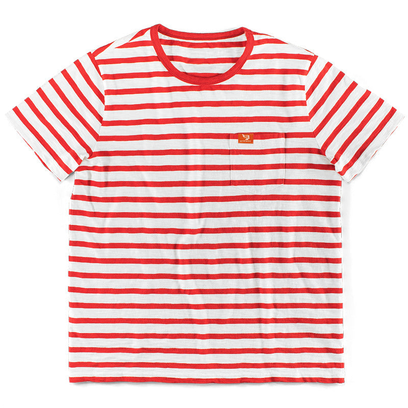 Men's striped short-sleeve T-shirt made of cotton jersey with chest pocket and contrasting round neckline StylebySassy