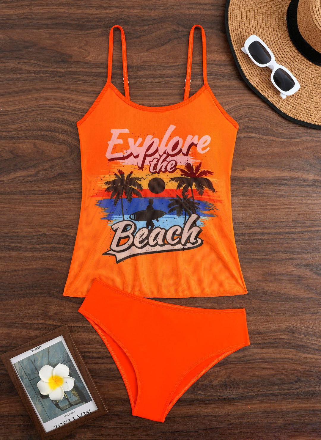Women's beach top with colorful graphic design and matching bikini bottom StylebySassy