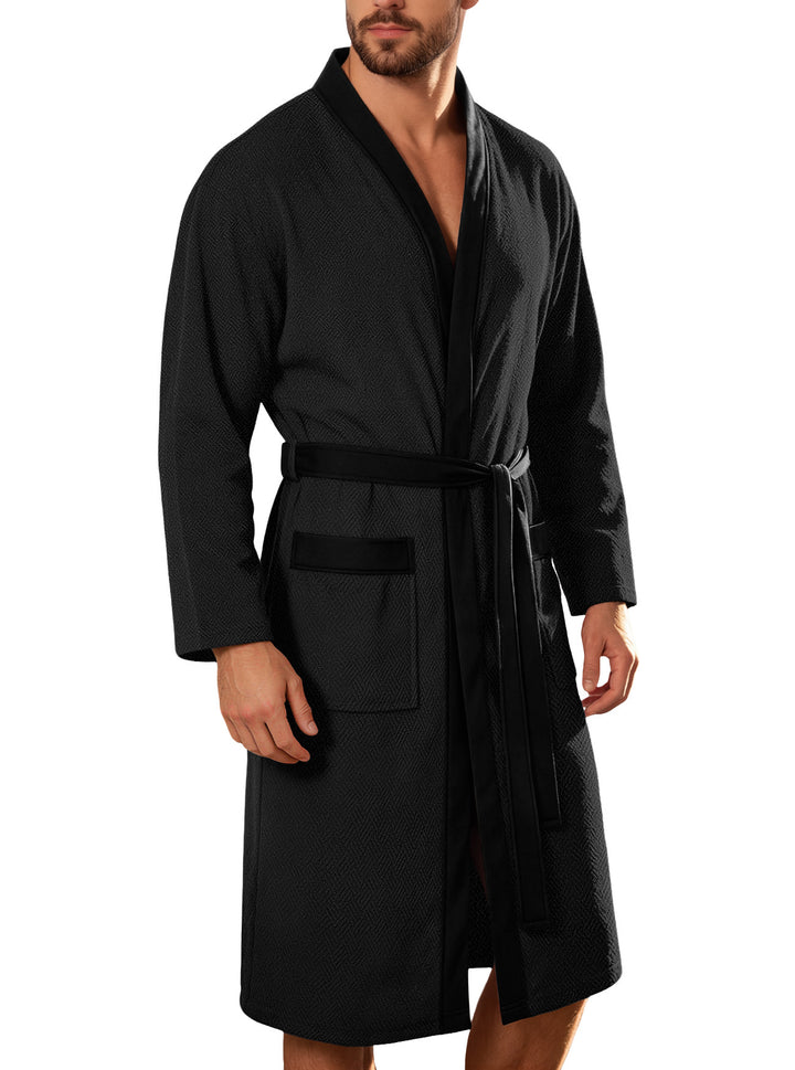 Men's lightweight cotton kimono bathrobe with waffle texture and patch pockets StylebySassy