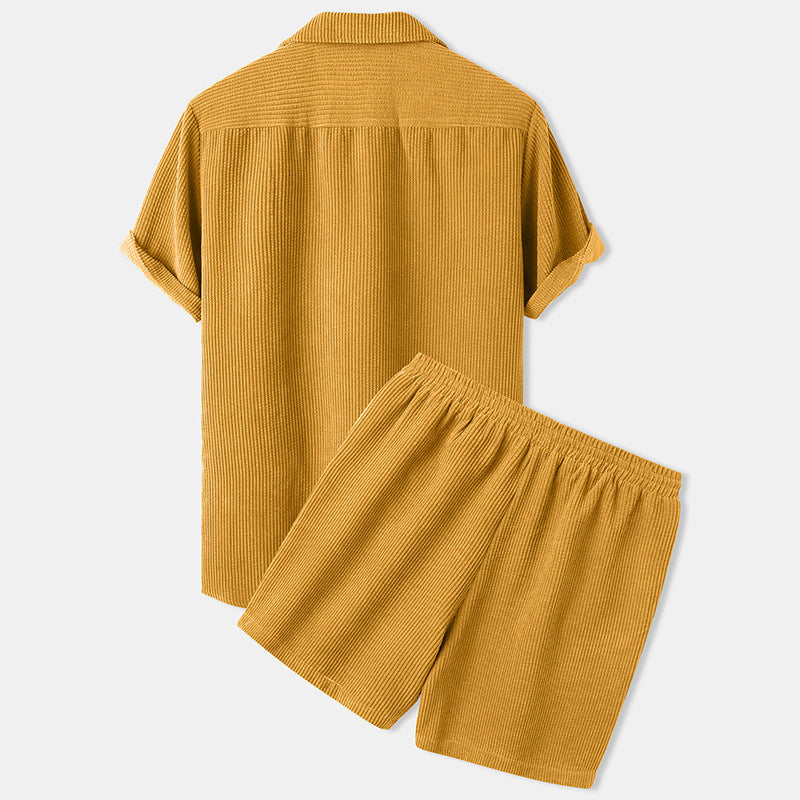 Men's short-sleeve leisure set with waffle texture, lapel collar and drawstring pants StylebySassy