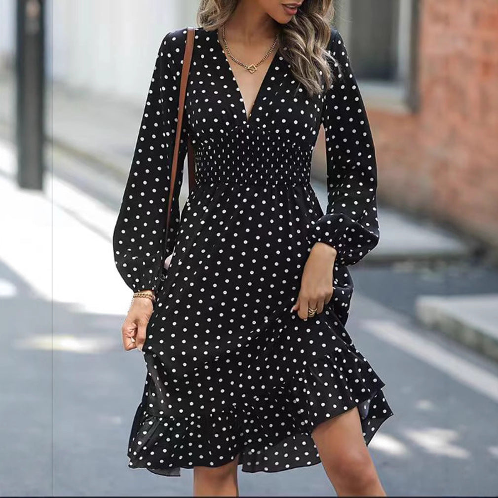 Ladies' dotted A-line midi dress with V-neck, smocked waist and two-tiered ruffle StylebySassy