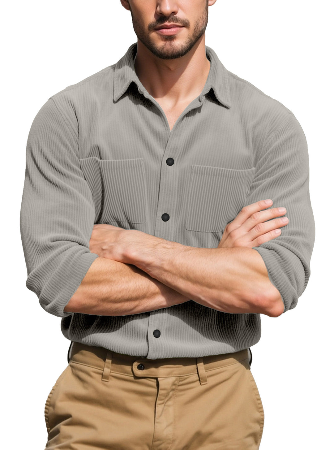 Men's textured casual overshirt with fine vertical ribbing, kent collar and patch chest pockets StylebySassy