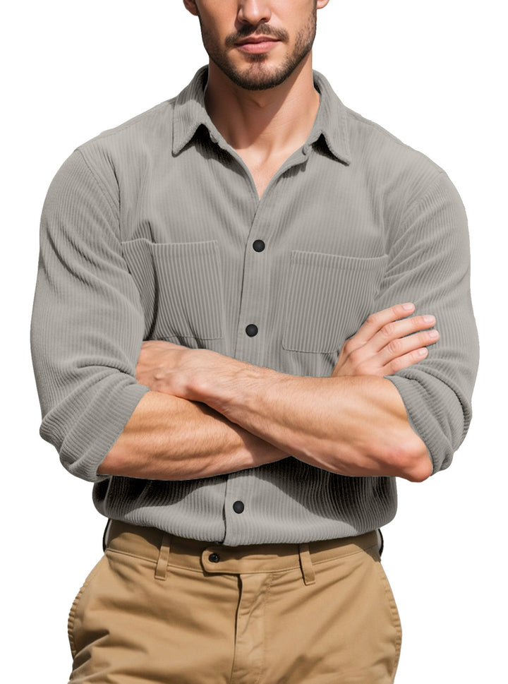 Men's textured casual overshirt with fine vertical ribbing, kent collar and patch chest pockets StylebySassy