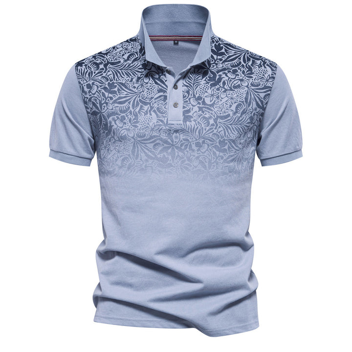 Men's polo shirt with floral gradient pattern, Kent collar and subtle button placket StylebySassy
