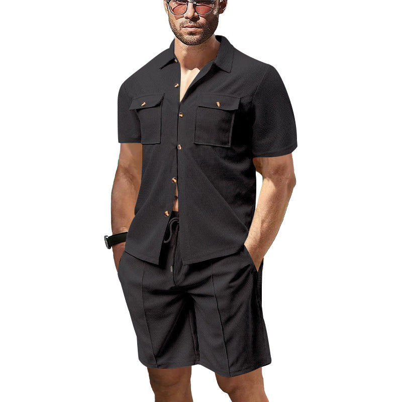 Men's structured short-sleeve shirt and bermuda set made of breathable cotton blend with chest pockets and drawstring StylebySassy