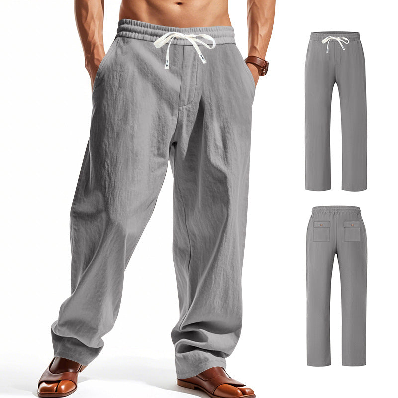 Men's wide comfort trousers in linen blend with elastic drawstring, straight leg, and patch back pockets StylebySassy