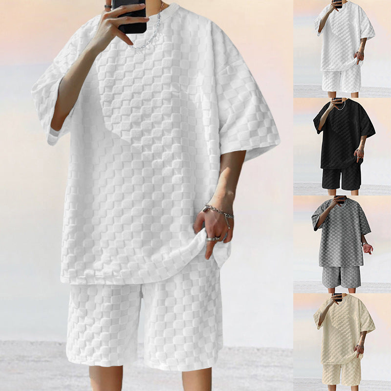 Unisex extra-large leisure set made of textured waffle quality with round neck and loose-fitting bermuda shorts StylebySassy