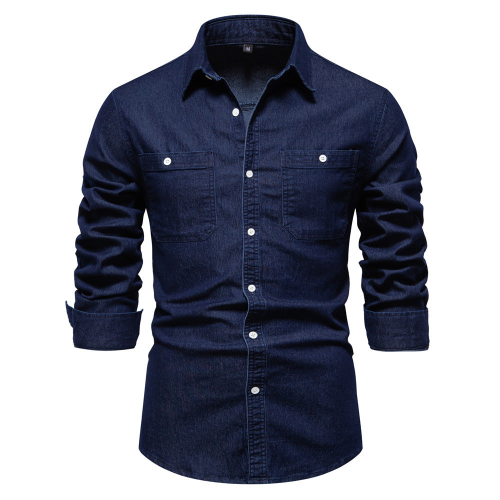 Men's narrow cut denim shirt with Kent collar and patch chest pockets StylebySassy