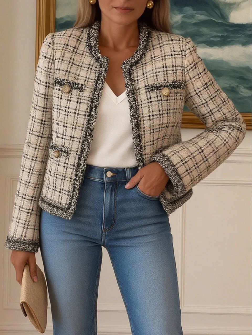 Women's short Boucle tweed jacket in classic cut with fringe trim and decorative buttons StylebySassy