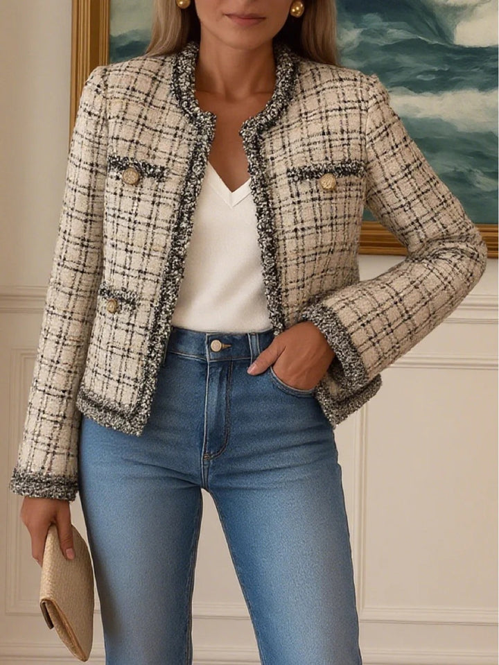 Women's short Boucle tweed jacket in classic cut with fringe trim and decorative buttons StylebySassy
