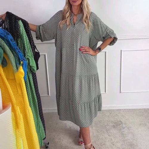 Ladies casual tiered midi dress with stand-up collar, concealed button placket and three-quarter sleeves StylebySassy