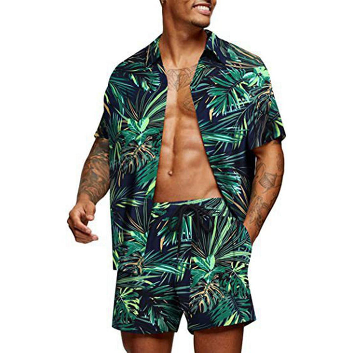 Men's tropical short sleeve shirt and swim shorts set with lapel collar, drawstring, and practical side pockets StylebySassy