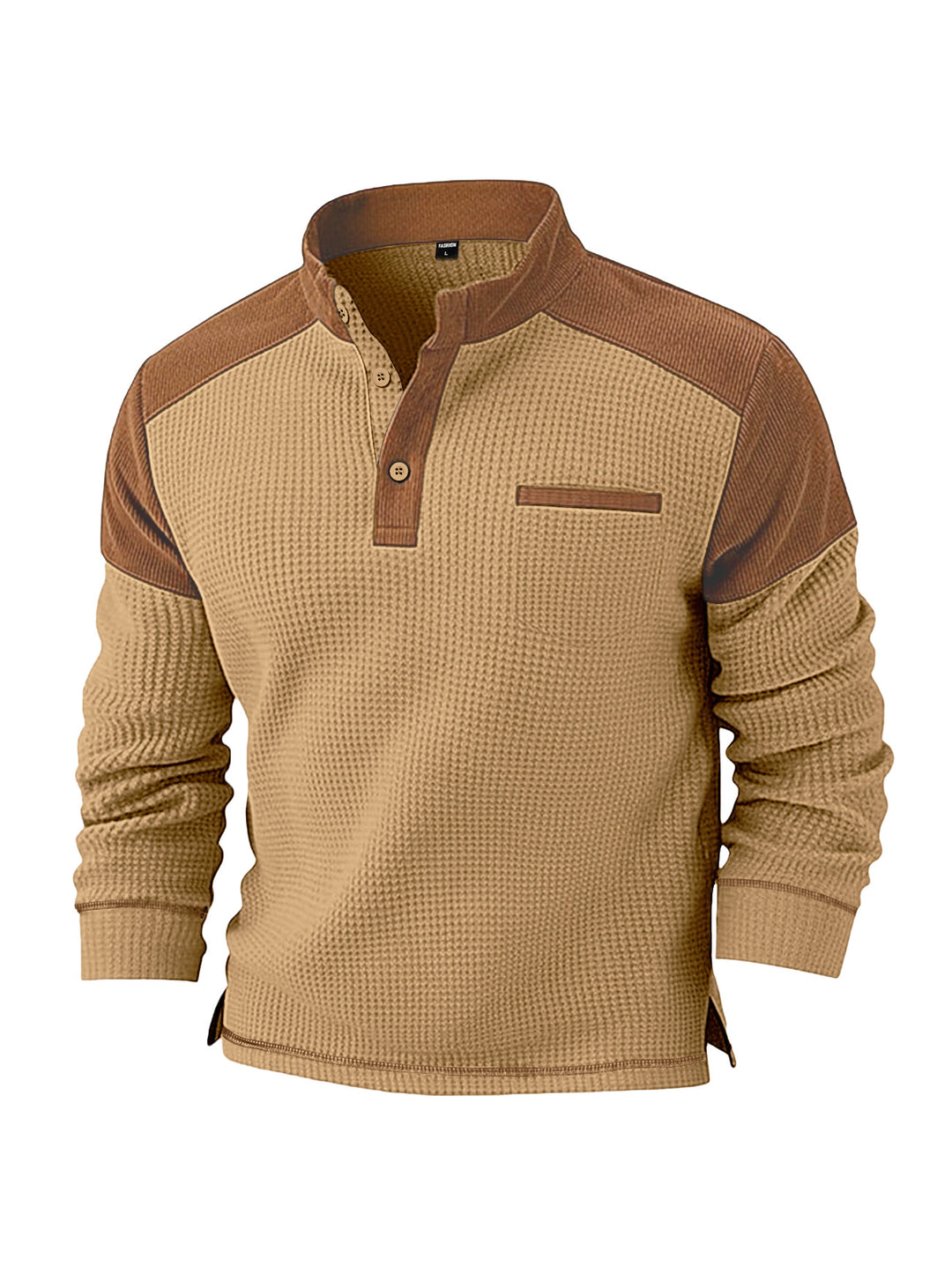 Men's waffle knit henley with stand-up collar, cord shoulder yoke and chest piping StylebySassy
