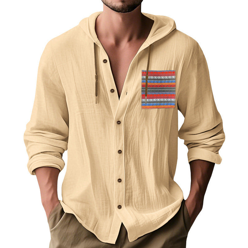Men's lightweight hooded shirt jacket made of structured cotton blend with ethnic chest pocket and button placket StylebySassy