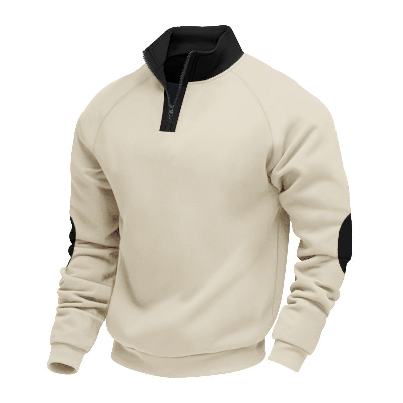 Men's half-zip fleece pullover with a high stand collar and contrasting elbow patches StylebySassy