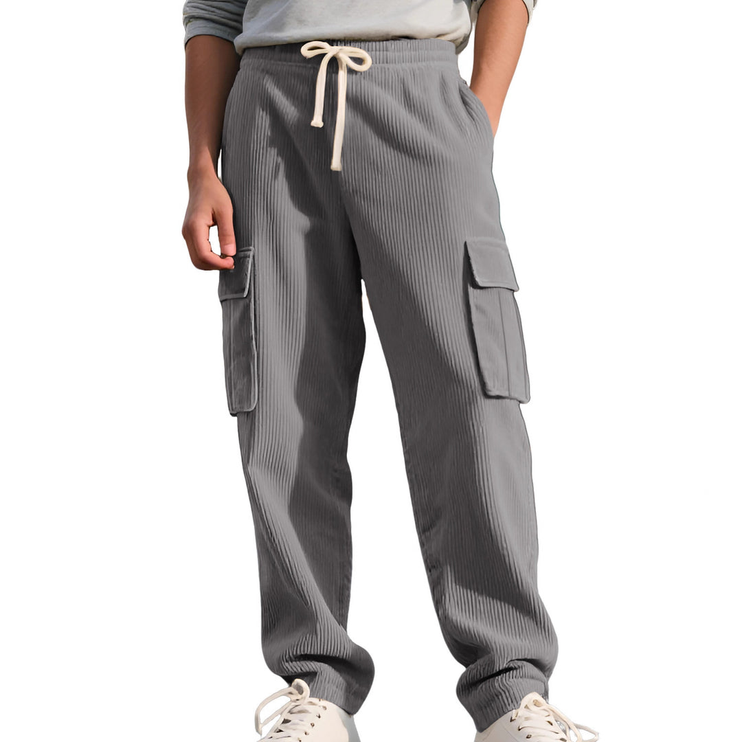 Men's casual utility cargo joggers with vertical ribbed structure, drawstring waistband, and large flap pockets StylebySassy