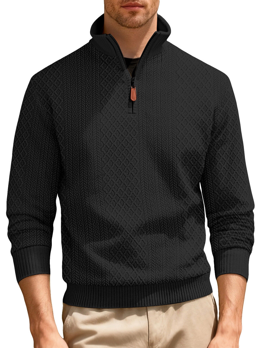 Men's half-zip pullover in fine-structured jacquard relief with high stand-up collar and leather zipper StylebySassy