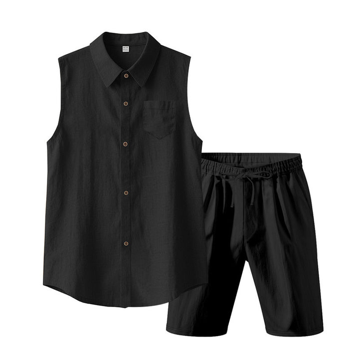 Men's sleeveless shirt and shorts set made of cotton-linen with kent collar and elastic drawstring waistband StylebySassy