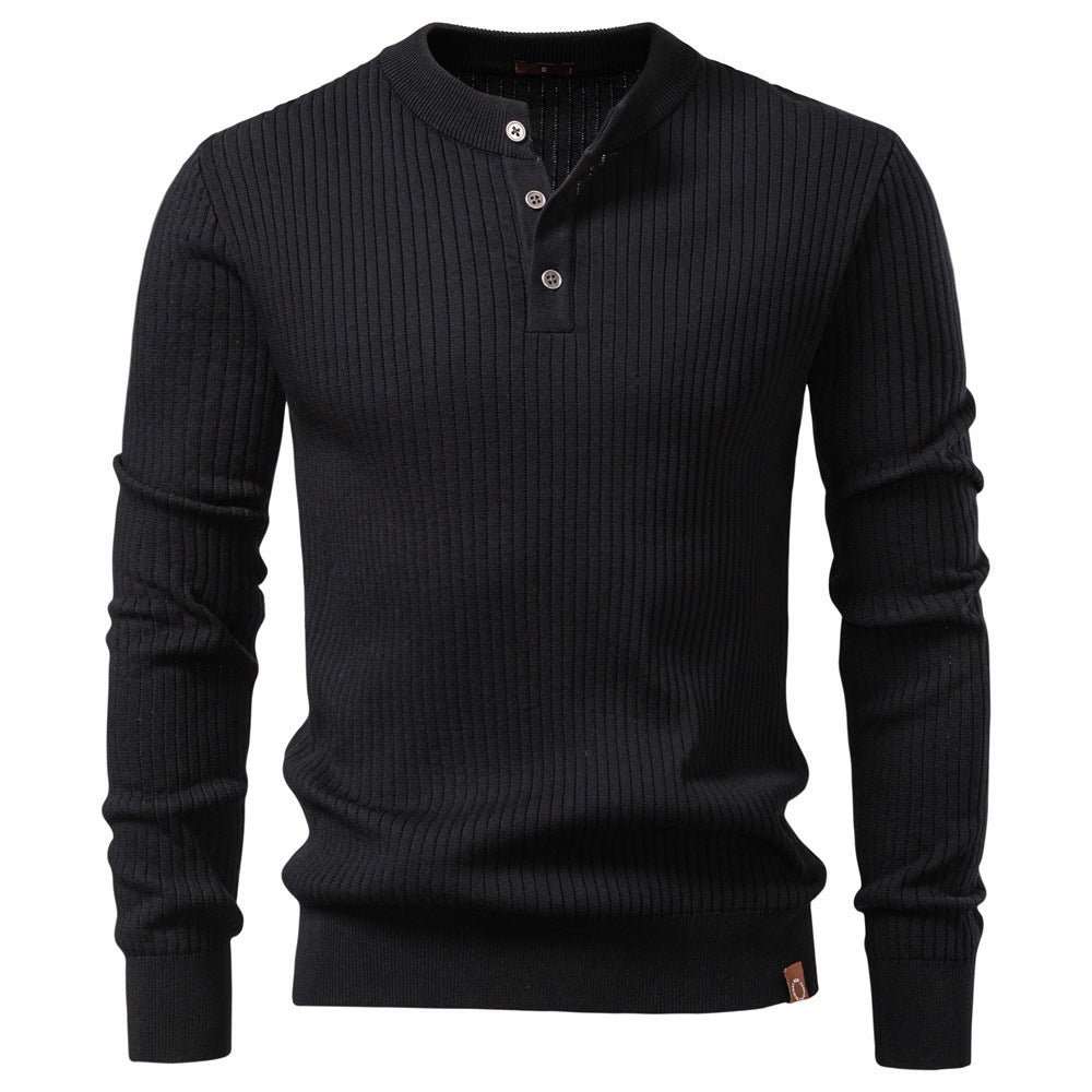 Men's ribbed long-sleeve henley pullover with stand-up collar, fine rib knit and slim fit StylebySassy