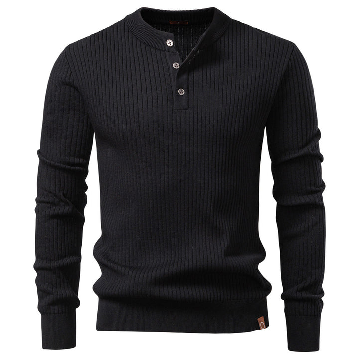 Men's ribbed long-sleeve henley pullover with stand-up collar, fine rib knit and slim fit StylebySassy