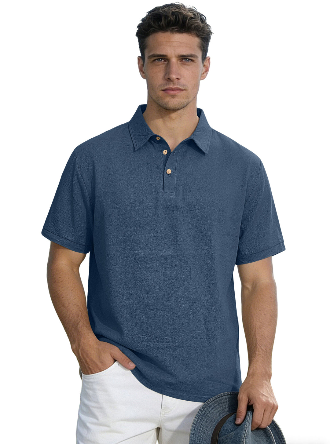Men's short-sleeve polo with shirt collar, short button placket and structured cotton blend StylebySassy