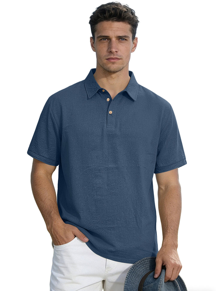 Men's short-sleeve polo with shirt collar, short button placket and structured cotton blend StylebySassy