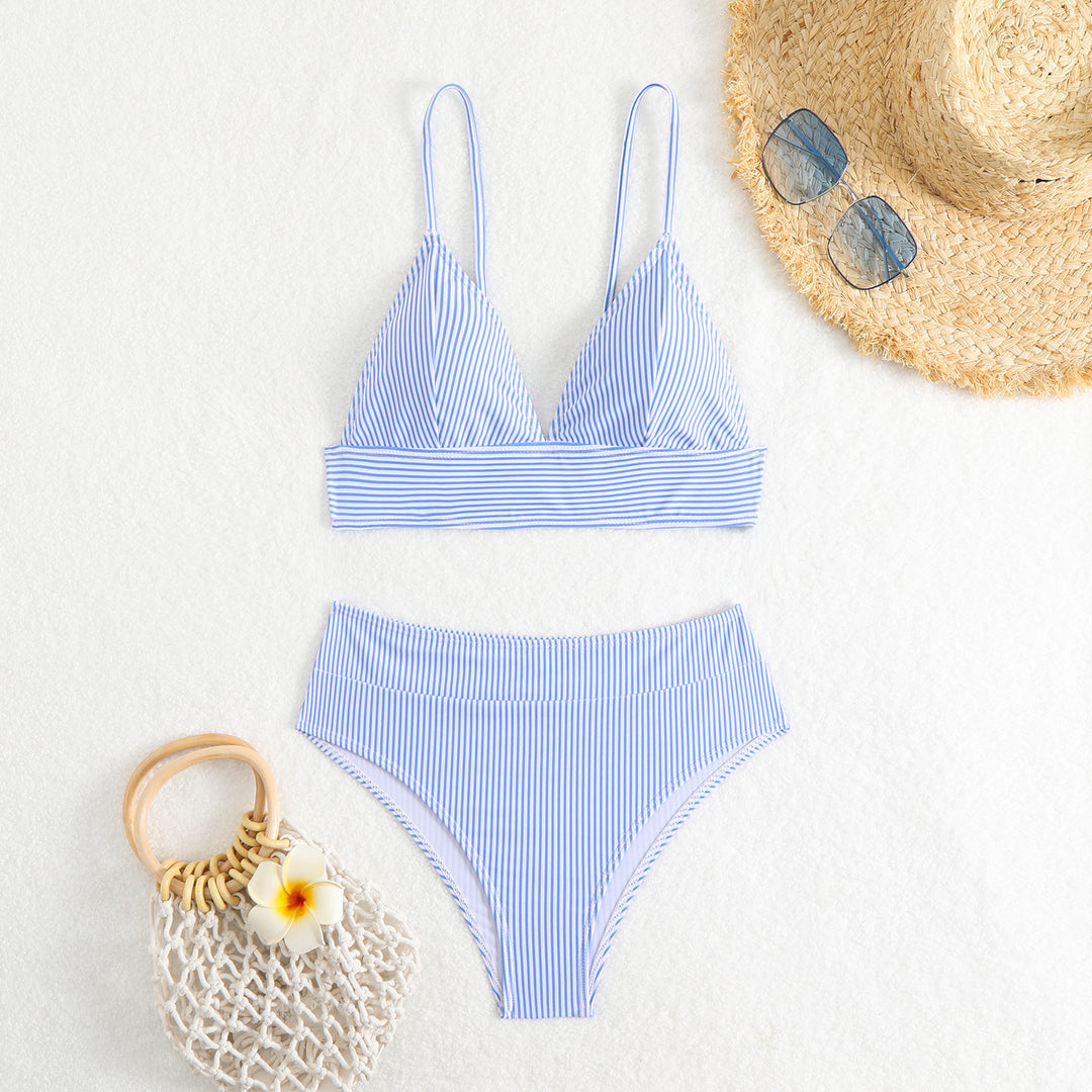 Women's High-Waisted Bikini Set with Fine Stripes StylebySassy