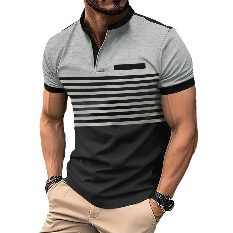 Men's short-sleeved Henley top with short button placket, chest piping, and block stripes StylebySassy