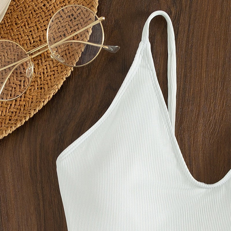 Women's one-piece swimsuit with deep V-neckline and fine ribbed texture StylebySassy